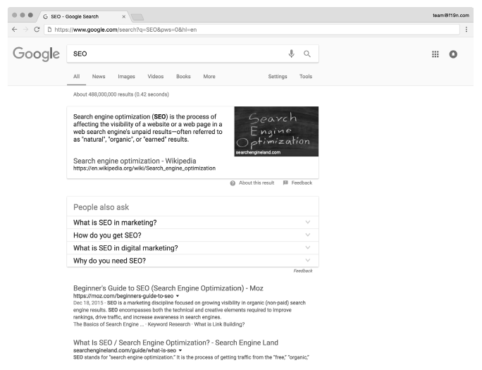 A Google results page for the query SEO: the definition box, People also ask, and the Moz and Search Engine Land results