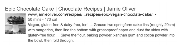 A recipe result in Google with a thumbnail, cooking time and calories