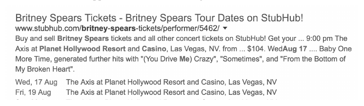 A ticket result in Google with the tour dates listed underneath