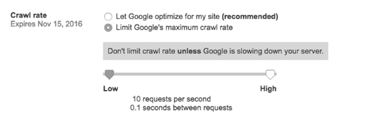The Search Console crawl rate setting, limited to 10 requests per second
