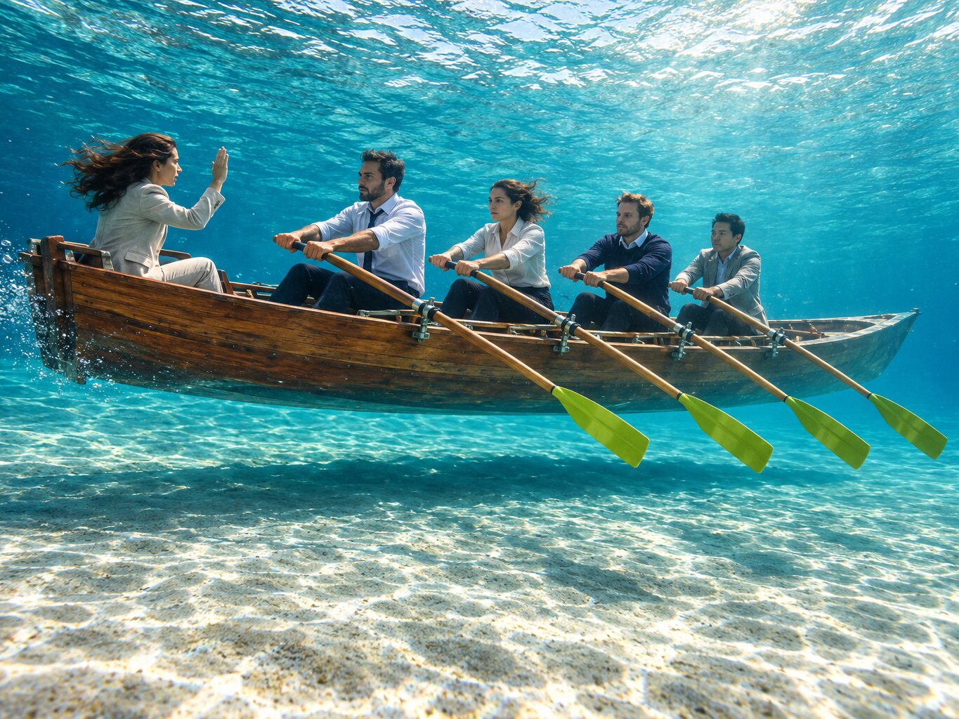 Underwater, four people in office clothes row a wooden boat in perfect unison above the sandy seabed, every green oar blade at the same angle, while a woman at the stern faces them and calls the stroke